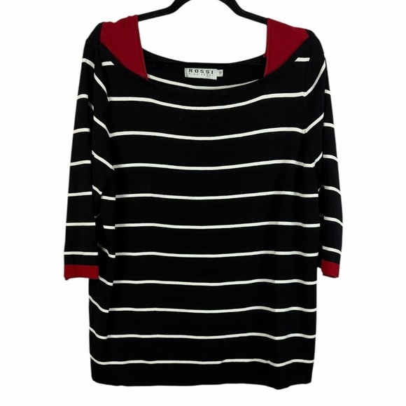 Rossi Sweaters - Rossi Classic Striped 3/4 Sleeve Boat Neck Nylon Blend Knit Top XL Black White